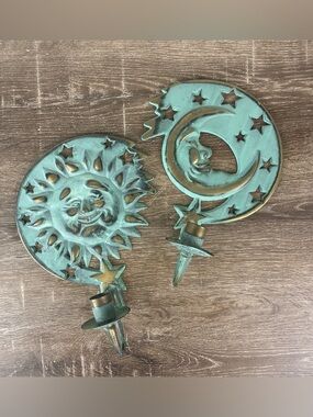 Vintage Brass Celestial Wall Candle Holders PAIR of 90s Partylite Sun and Moon
